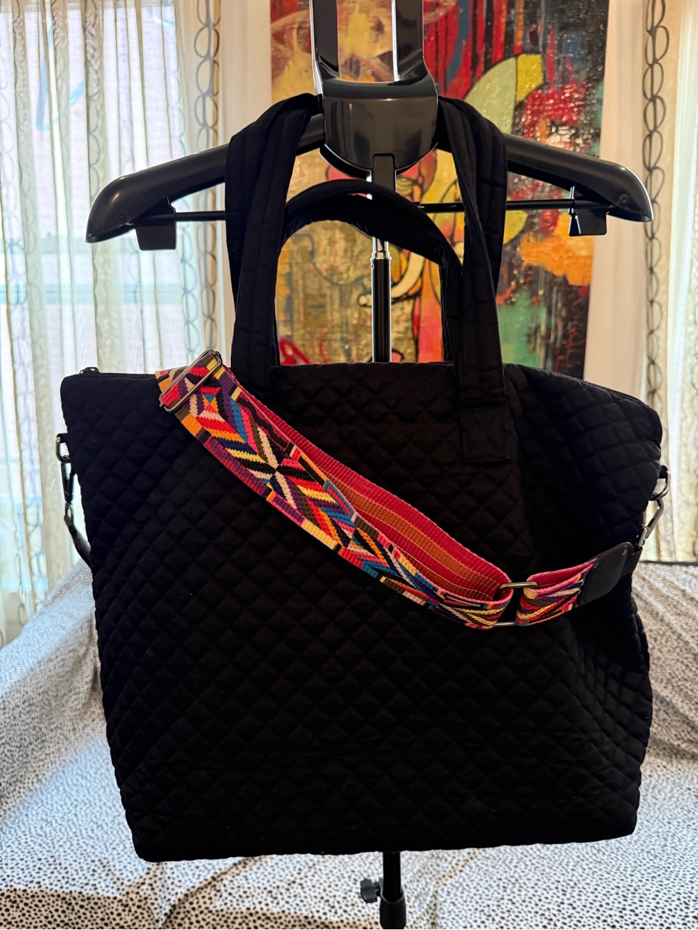 Roomy Black Quilted Tote with Multicolor Strap